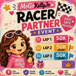 Op de afbeelding: Een digitale afbeelding voor het MoGoKellyJo Racer Partner Event met een cartoonfiguur met bruin haar en een roze zonnebril in een roze hoodie. De afbeelding bevat tekst, drie ronde-scoretrackers van 50K, een cadeau en iconen voor snelle levering en veilige service.