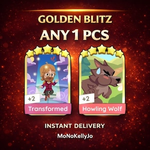May include: Image features two game cards with cartoon characters. One card shows a person in a red jacket, labeled "Transformed." The other card depicts a howling wolf, labeled "Howling Wolf." The text "GOLDEN BLITZ ANY 1 PCS" is at the top.