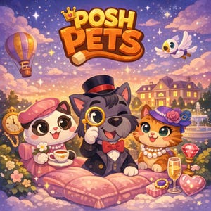May include: A digital illustration titled Posh Pets featuring a panda in a pink beret, a grey dog in a top hat and monocle, and an orange cat in a purple hat. The scene includes a hot air balloon, a mansion, a fountain, and various luxury items.