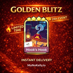 May include: A promotional graphic for a "Golden Blitz" event. The image features a cartoon-style hook with a red and gold hat, labeled "Hook's Hook." The background is a fiery red with text that reads "Limited Time" and "24H Event."