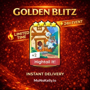 Op de afbeelding: Een promotionele afbeelding met de tekst "GOLDEN BLITZ" in gouden letters. De afbeelding toont een cartoonscène met een wolf in pyjama's die wegrent van een meisje met een rode kap. De tekst "Hightail It!" wordt weergegeven.