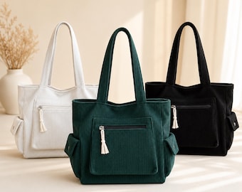 Corduroy Tote Bag, Retro Multi-Pocket Shoulder Handbag, Minimalist Zipper Carry Bag, Bridesmaid Gift Bag