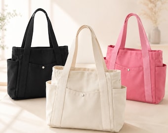 Canvas Tote Bag with pockets and zipper, Large capacity unisex shoulder bag, Work Commuter tote for college university, Bridesmaid gift