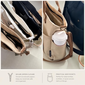 May include: Canvas tote bags in beige, white, and black, featuring brown straps and secure zipper closures. One bag has a side pocket holding a white water bottle. The image also shows text about secure zippers and practical side pockets.