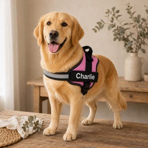 May include: A golden retriever wearing a pink and black harness with the name "Charlie" on it. The harness has a reflective strip and is secured with black buckles. The dog is standing on a wooden surface.