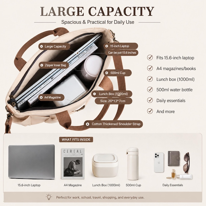 May include: Beige tote bag with brown handles, showcasing its large capacity. The bag fits a 15.6-inch laptop, A4 magazines, a lunch box, and a 500ml cup. The image also displays a laptop, magazine, lunch box, cup, phone, wallet, sunglasses, and perfume.