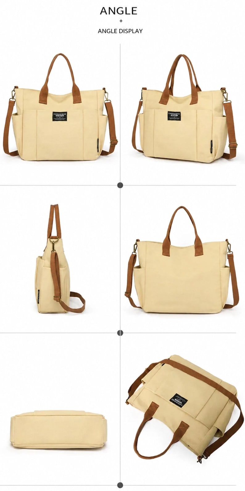May include: Beige canvas tote bag with brown accents. Features include a top handle, shoulder strap, and multiple pockets. The bag has a rectangular shape and a small label on the front. The text "ANGLE + ANGLE DISPLAY" is visible.