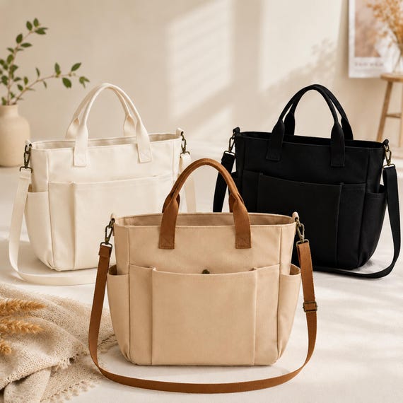 Minimalist Canvas Tote Bag, Muti Pocket Large Capacity Crossbody Shoulder Bag, Laptop Commuter Bag, Korean Style Bridesmaid Student Tote