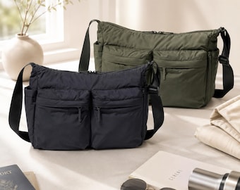 Nylon Multi-Pocket messenger bag, water resistant shoulder bag, casual unisex crossbody purse, zippered light weight travel bag