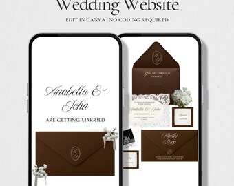 Modèle de site Web de mariage marron, site Web de mariage en toile modifiable, site de RSVP de luxe Old Money