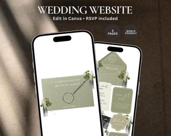Hochzeitswebsite-Vorlage Sage Green, bearbeitbare Canva Hochzeitswebsite mit Antwortdatei, Einladung für digitale Hochzeitswebsite