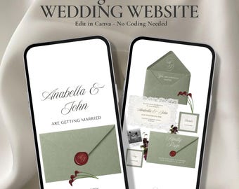 Hochzeitswebsite Vorlage Sage Green, Digitale Hochzeitseinladung, bearbeitbare Hochzeitswebsite mit Antwortkarte