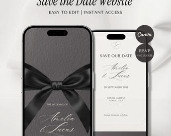 Midnight Save the Date Website Vorlage, Schwarz & Weiß Digitale Hochzeitseinladung mit Antwortmöglichkeit Canva, Sofort Download