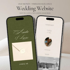 Puede incluir: Dos teléfonos inteligentes que muestran una plantilla de sitio web de bodas. La pantalla izquierda presenta un fondo verde oliva oscuro con el texto Amelia & Lucas, un gráfico de sobre y el texto UNSEAL ME. La pantalla derecha muestra un fondo crema.