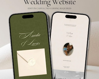 Old Money Wedding Website Template with RSVP, Olive Green & Ivory Wedding Website With Embossed Monogram Canva Digital Wedding Invitation