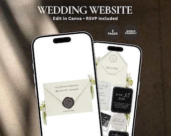 Plantilla moderna para sitio web de bodas europeas, sitio de confirmación de asistencia editable en Canva, paquete de bodas de lujo minimalista.
