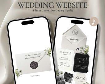 Hochzeitswebsite mit Antwort Musik, Black & White Hochzeitswebsite Canva, Digitale Hochzeitseinladung, Sofort Download