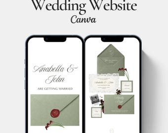 Modèle de site Web de mariage vert sauge, faire-part de mariage numérique, site Web de mariage modifiable avec RSVP