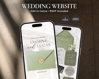 Hochzeitswebsite Vorlage Altes Geld, bearbeitbare Canva Hochzeitswebsite mit Antwortmöglichkeit, Salbeigrün Hochzeitswebsite, klassische Hochzeitswebsite Einladung