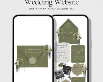 Modèle de site Web de mariage vert olive avec RSVP, site Web modifiable en toile (téléchargement numérique)