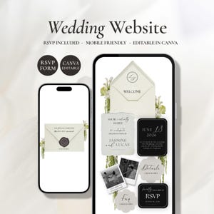 以下が含まれることがあります： Canvaで編集可能なRSVPフォーム付きの結婚式ウェブサイトテンプレートを表示する2台のスマートフォン。画面には、ワックスシール付きの封筒、ジャスミンとルーカスの招待状テキスト、2026年6月18日の日付、写真のサムネイル、詳細、FAQ、RSVP用のボタンが表示されています。