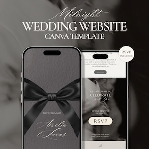 May include: A digital wedding website template displayed on two smartphones. The design features a large black bow, the names "Amelia & Lucas", and the text "Midnight WEDDING WEBSITE CANVA TEMPLATE". The website includes an RSVP option.
