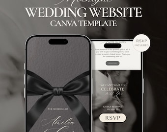 Midnight Bow Hochzeit Website Vorlage Canva, schwarze Elegante Hochzeitswebsite mit Antwortmöglichkeit, Antwortkarte für Hochzeit, Instant Download