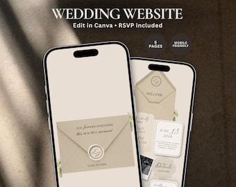 Hochzeitswebsite-Vorlage Canva, Minimale Hochzeitswebsite, bearbeitbare Antwortwebsite, Beige Neutrale Hochzeitsvorlage