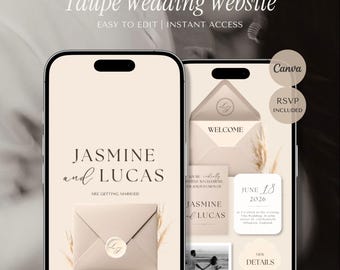 Taupe Hochzeitswebsite Vorlage, bearbeitbare Canva Hochzeitsseite, RSVP Hochzeitswebsite, moderne neutrale Hochzeitseinladung Vorlage