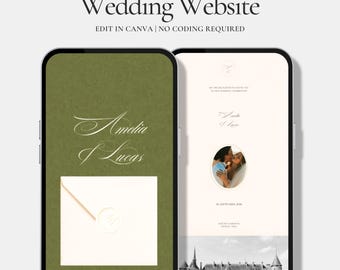 Modèle de site Web de mariage Old Money avec RSVP, site Web de mariage vert olive et ivoire avec monogramme en relief Faire-part de mariage numérique Canva