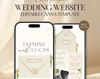 Champagner-Hochzeitswebsite-Vorlage, bearbeitbare Canva Digitale Einladung mit Antwortmöglichkeit, elegante Hochzeitsseite