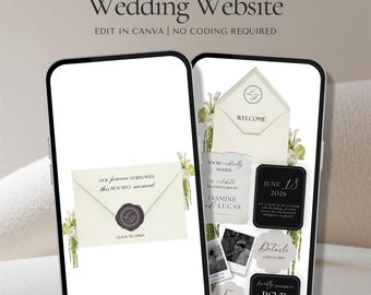 Moderne europäische Hochzeits-Website-Vorlage, bearbeitbare Canva RSVP Website, minimale Luxus-Hochzeitssuiten