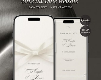 Perle Save the Date Website Vorlage mit Antwortkarten, Hochzeitseinladung in Ivory, Sofort Download