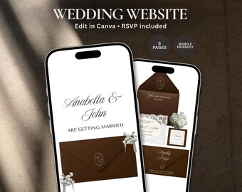 Braune Hochzeits-Website-Vorlage, bearbeitbare Canva-Hochzeitswebsite, altes Geld Luxus-RSVP-Seite