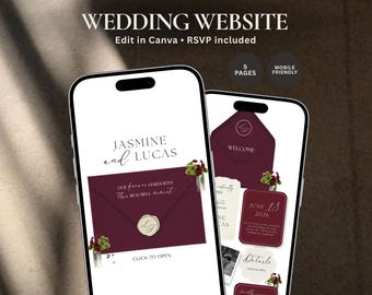Burgund & Ivory Hochzeit Website Vorlage mit Antwortmöglichkeit, bearbeitbare Canva Digitale Einladung, elegante Hochzeitsseite