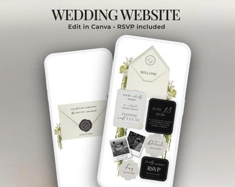Plantilla moderna para sitio web de bodas europeas, sitio de confirmación de asistencia editable en Canva, paquete de bodas de lujo minimalista.