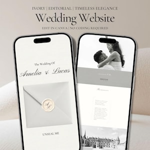 Plantilla de sitio web de bodas color marfil en Canva, sitio web editorial para novias con cuenta regresiva para RSVP, sitio web de bodas elegante color crema con monograma, descarga instantánea.