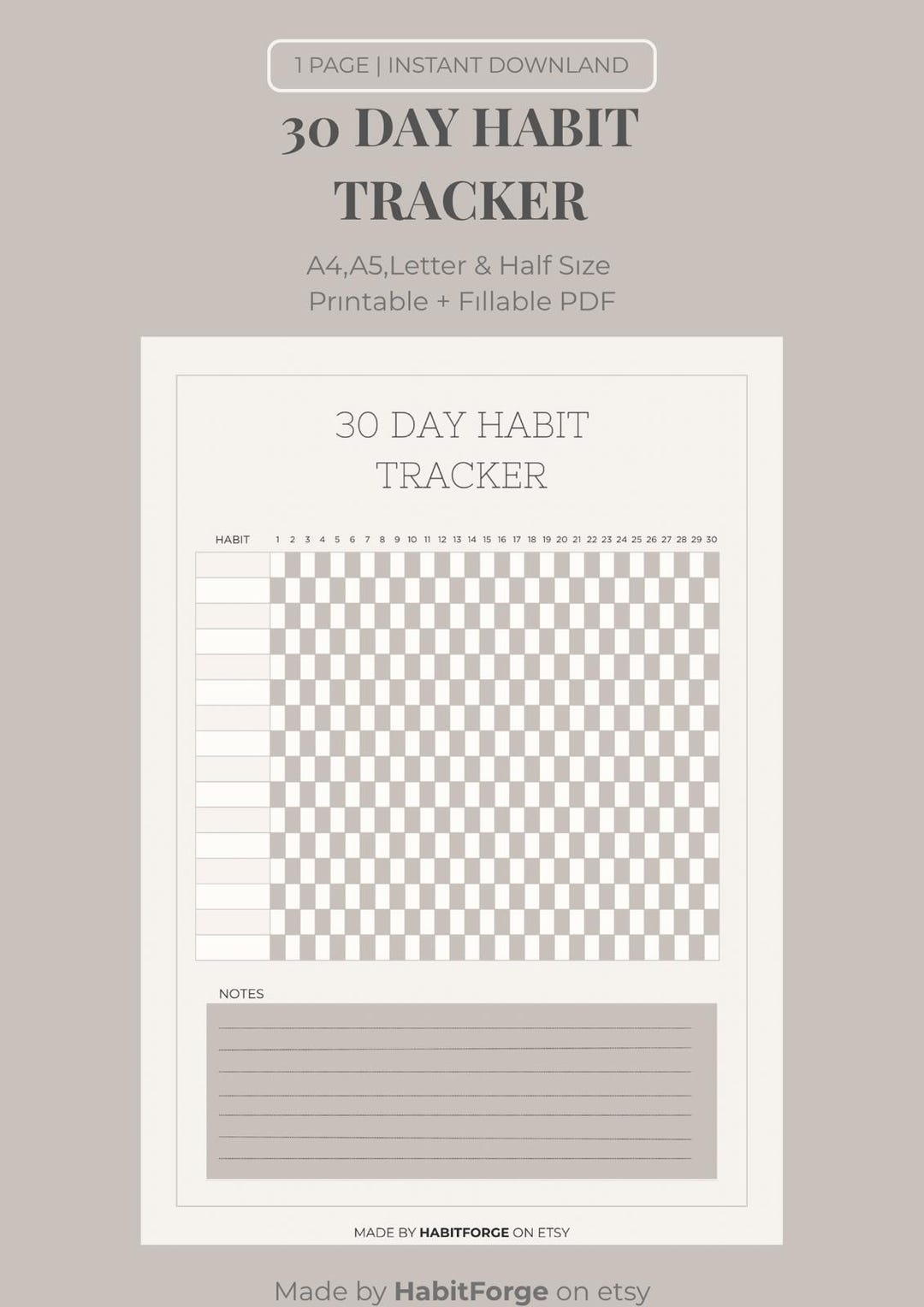 Minimal 30 Day Habit Tracker Printable (A4, A5, US Letter) - Etsy