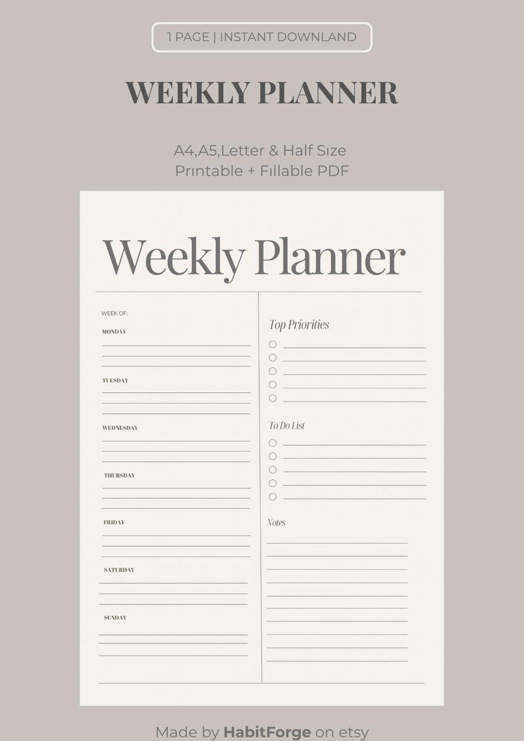 Minimal Weekly Planner Printable, Daily Schedule to Do List (fillable ...