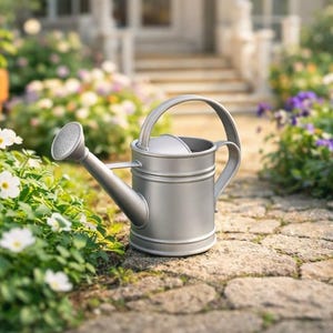 Puede incluir: Una regadera de metal plateado con un asa curva y un pico, colocada en un camino de piedra. La regadera está rodeada de vegetación exuberante y flores coloridas, lo que sugiere un entorno de jardín. La imagen evoca una sensación de tranquilidad y jardinería.