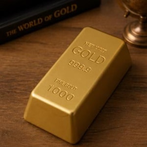 May include: A gold-colored bar of fine gold, stamped with the words "GOLD", "999.9", and "FINE GOLD 1000". The bar is set on a wooden surface, with a book titled "THE WORLD OF GOLD" visible in the background.