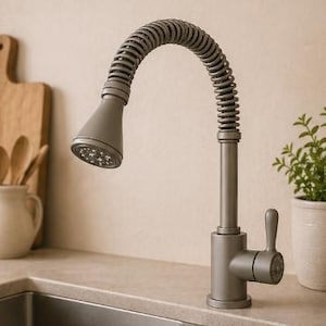 May include: A gray kitchen faucet with a flexible, coiled neck and a pull-down sprayer head. The faucet is mounted on a countertop next to a sink. A wooden cutting board and a small potted plant are visible in the background.