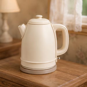 May include: A cream-coloured electric kettle with a smooth, rounded body, a matching lid with a small knob, a curved handle, and a short spout. The kettle sits on a circular base with a metallic trim, featuring a small power switch on the side.