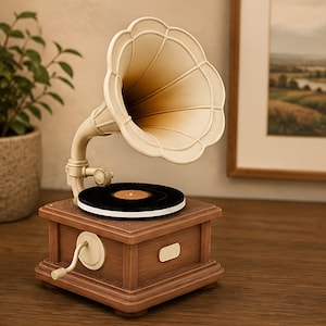 Op de afbeelding: Een grammofoon in vintage-stijl met een crèmekleurige hoorn en een donkerbruine houten basis. De platenspeler heeft een zwarte vinylplaat op de draaitafel en een handslinger aan de zijkant. De grammofoon is een decoratief item.