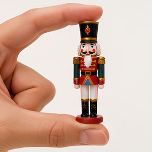 May include: A miniature nutcracker figurine featuring a black hat with a red emblem, a red jacket with gold trim, green sleeves, white trousers, and black boots. The figure stands on a small red circular base and is held between two fingers.