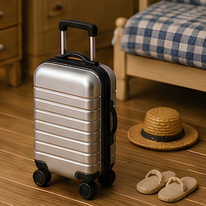 Peut inclure: Une valise miniature rigide de couleur argentée avec une poignée noire rétractable, quatre roues pivotantes noires et une fermeture éclair noire. Le bagage présente un design extérieur nervuré et est accompagné d'un petit chapeau de paille et de sandales.