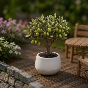 Pode incluir: Uma pequena oliveira num vaso de cerâmica branco. A árvore tem azeitonas verdes e folhas. O vaso está sobre um deck de madeira, com um fundo desfocado de flores e uma mesa de madeira.