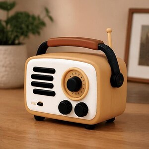May include: A retro-style radio in a warm yellow hue with a white face. It features a brown handle, black knobs, and a small antenna. The design evokes a vintage aesthetic, perfect for home decor.