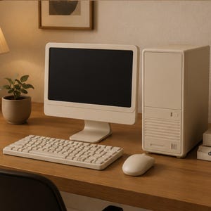 Pode incluir: Um conjunto de computador bege com monitor, teclado, rato e torre. O monitor tem um ecrã preto. O teclado tem uma forma retangular com muitas teclas. O rato é oval. A torre é vertical com uma ranhura na parte inferior.