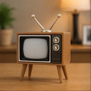 Puede incluir: Un televisor en miniatura de estilo retro con una carcasa de madera marrón y cuatro patas. El televisor tiene una pantalla blanca, un marco negro y dos perillas redondas en el lado derecho. Las antenas plateadas están en la parte superior.